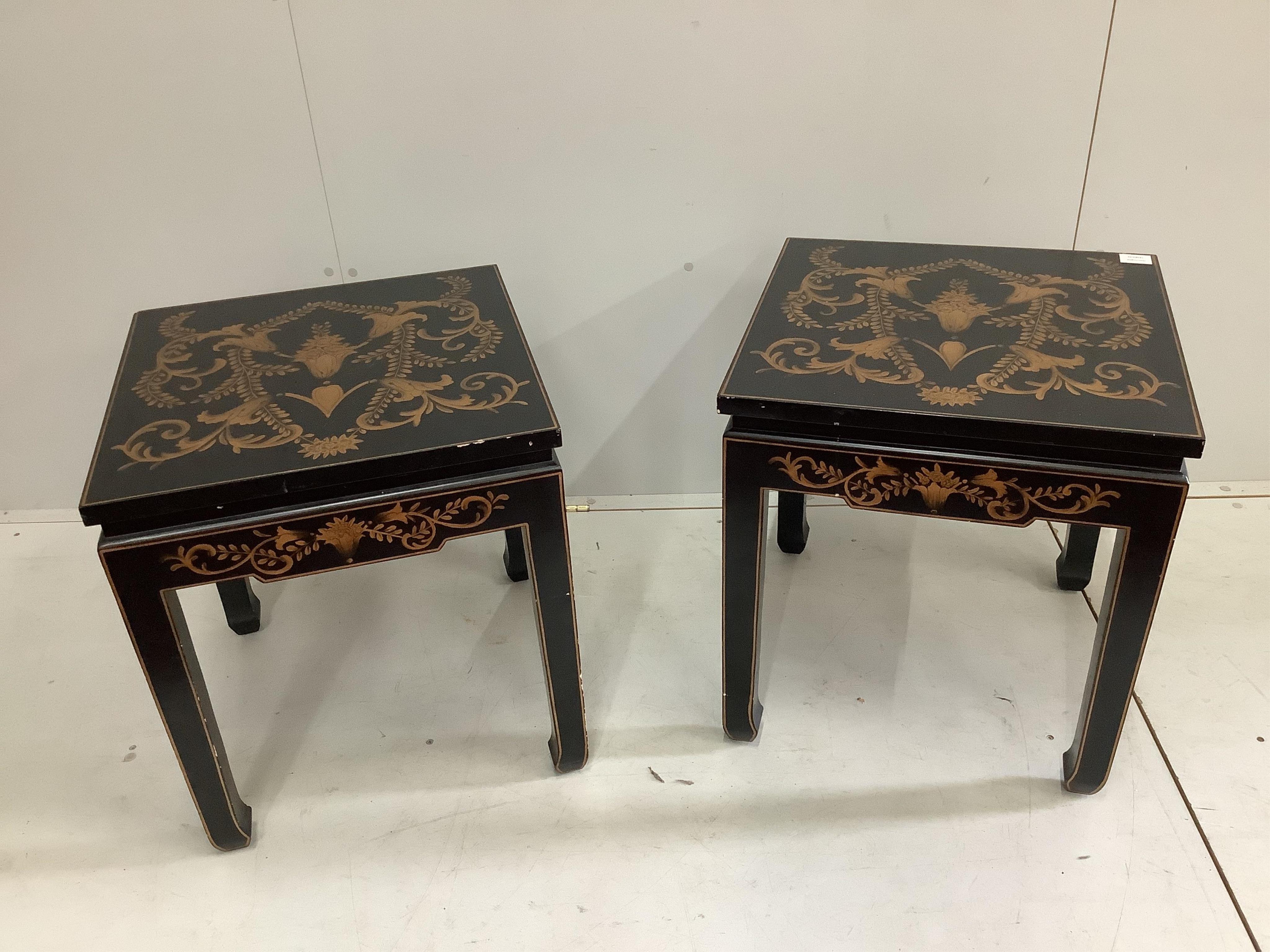 A pair of reproduction painted square occasional tables, 51cm, height 57cm. Condition - fair